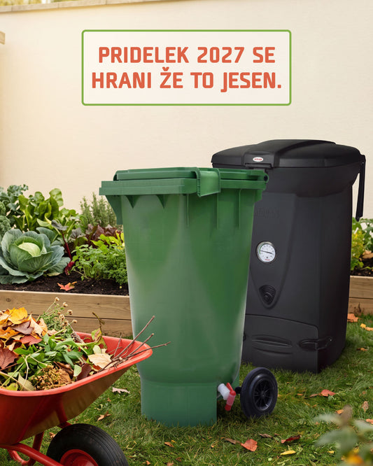 Velika zunanja kompostnika Organko XL in Biolan Quick Composter 220eco na jesenskem vrtu