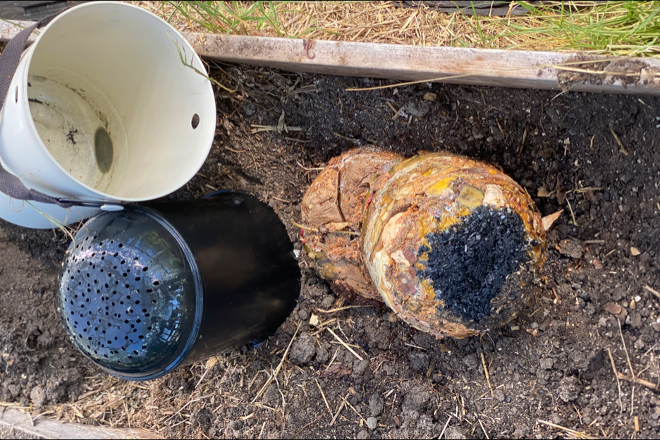 Biochar, obogaten z Organko tekočim gnojilom, pripravljen za dodajanje v zemljo in kompost.
