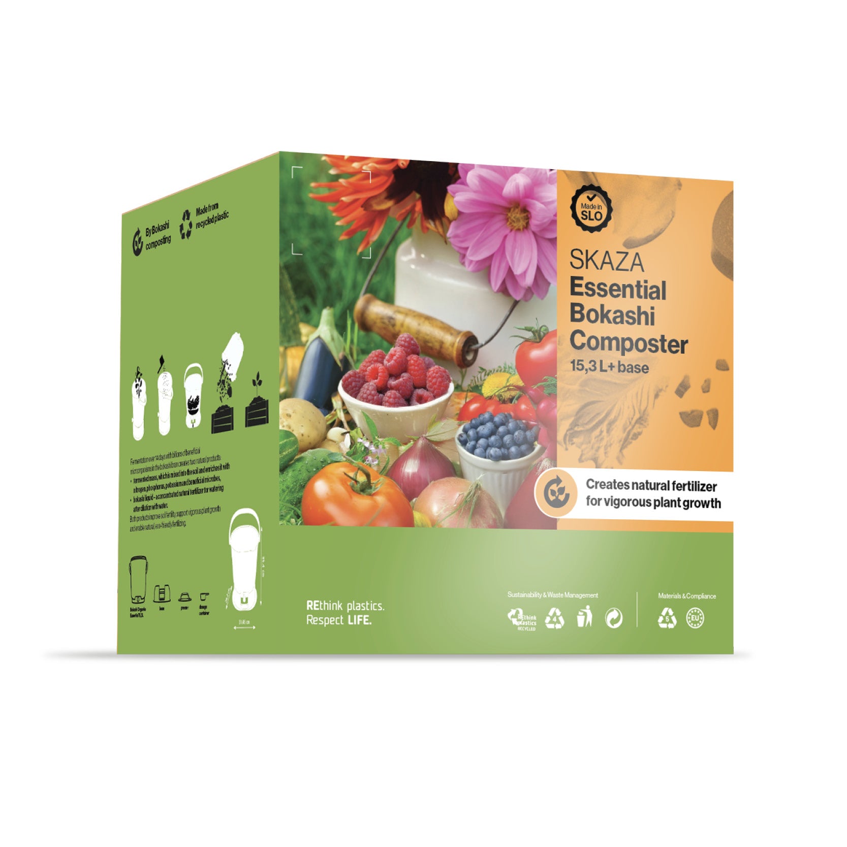 Predstavitev embalaže Bokashi Organko kompostnika z vsebino in prednostmi.