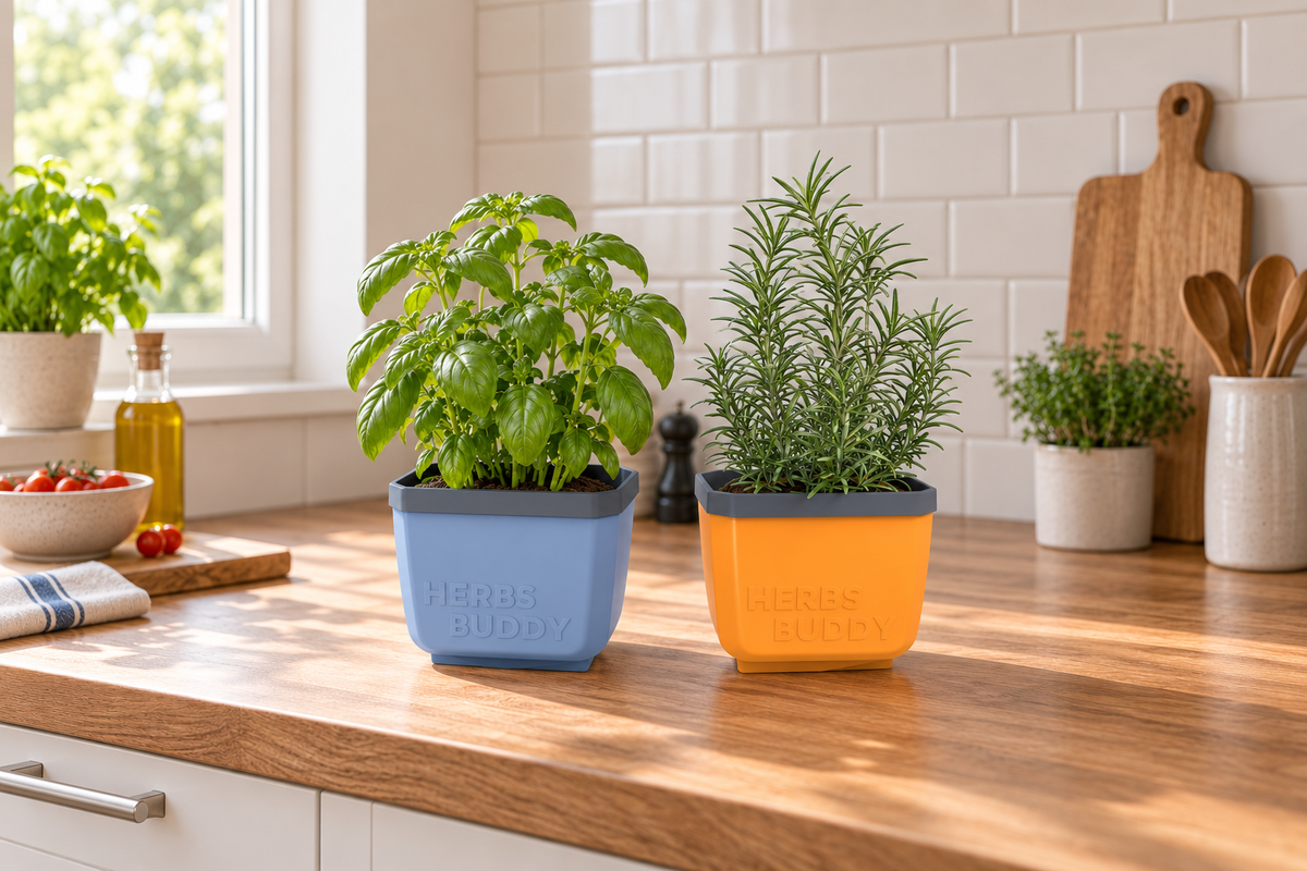 Herbs Buddy lončka za zelišča z baziliko in rožmarinom na kuhinjskem pultu.
