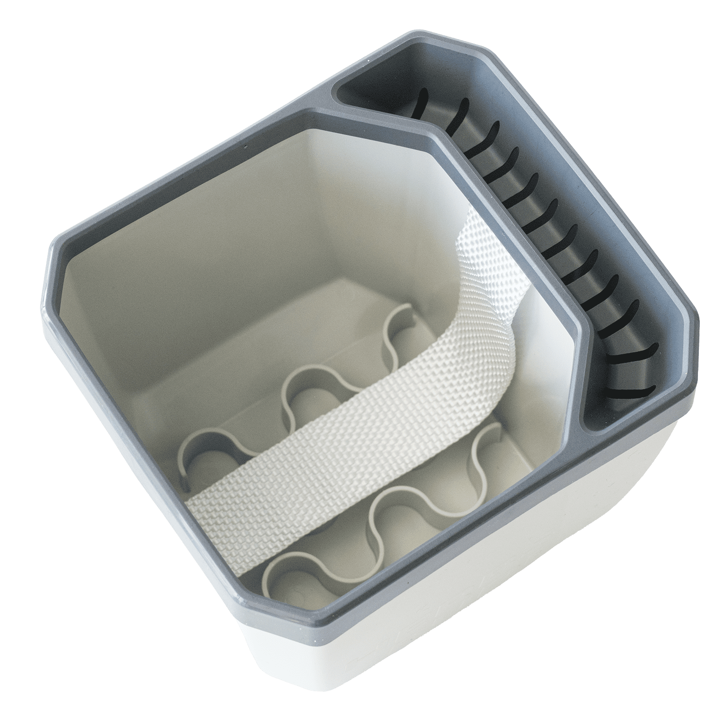 Notranjost lončka Herbs Buddy s sistemom za odvajanje vode in prostorom za zalivanje.