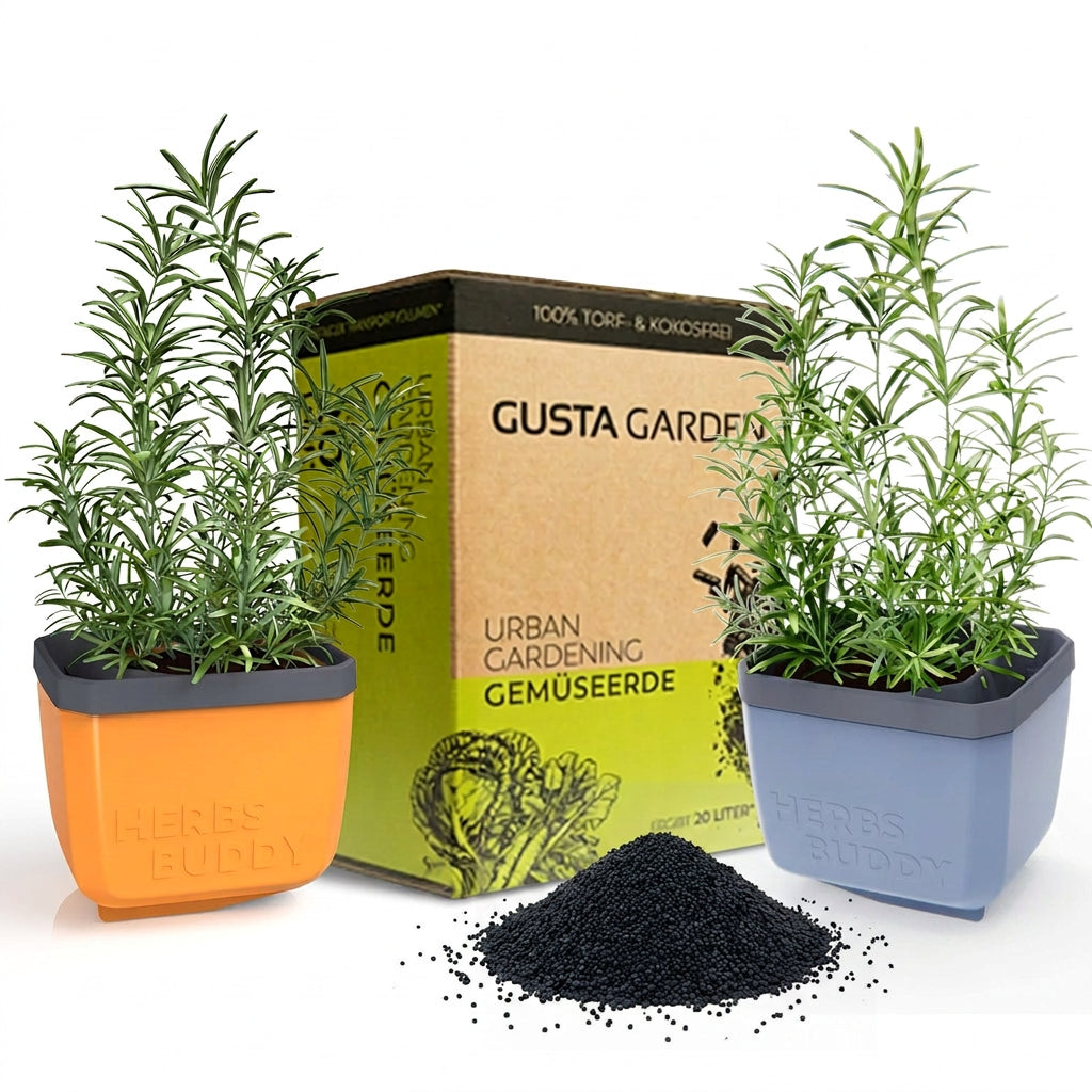 Set za gojenje zelišč Herbs Buddy z zemljo Urban Gardening Erde in Biochar dodatkom za boljšo rast.