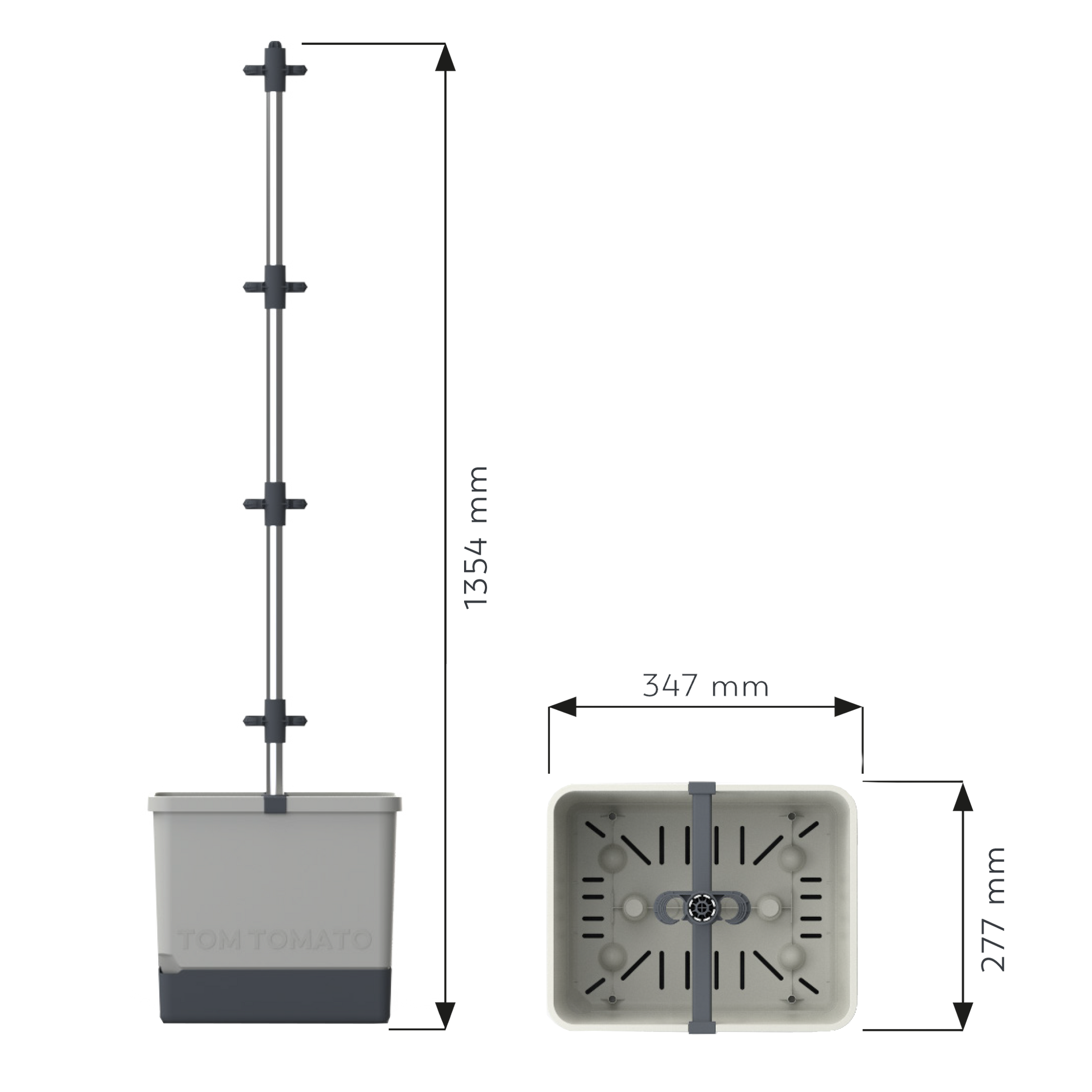 Dimenzije sadilnika TOM TOMATO Planter Set z opornim sistemom za paradižnik.