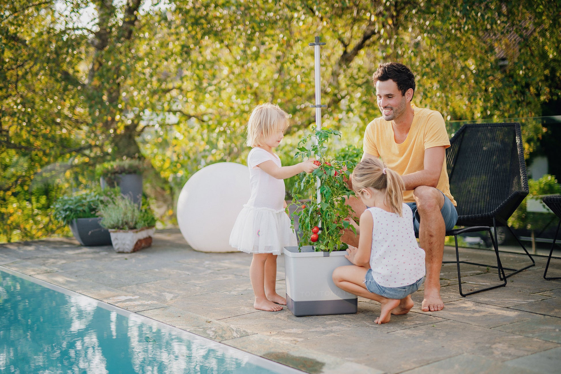 Otroci nabirajo paradižnik iz sadilnika TOM TOMATO na terasi.