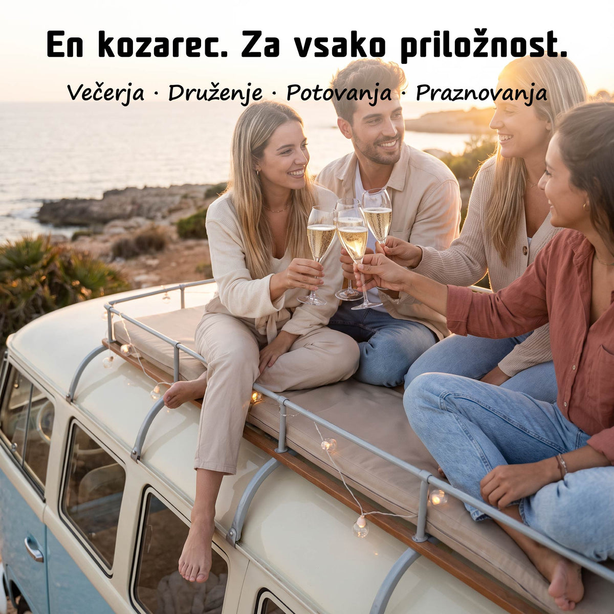 Druženje in nazdravljanje s transparentnimi Tritan kozarci za penino na prostem