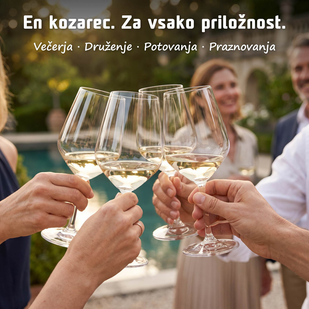 Druženje in nazdravljanje s transparentnimi Tritan kozarci za vino na prostem