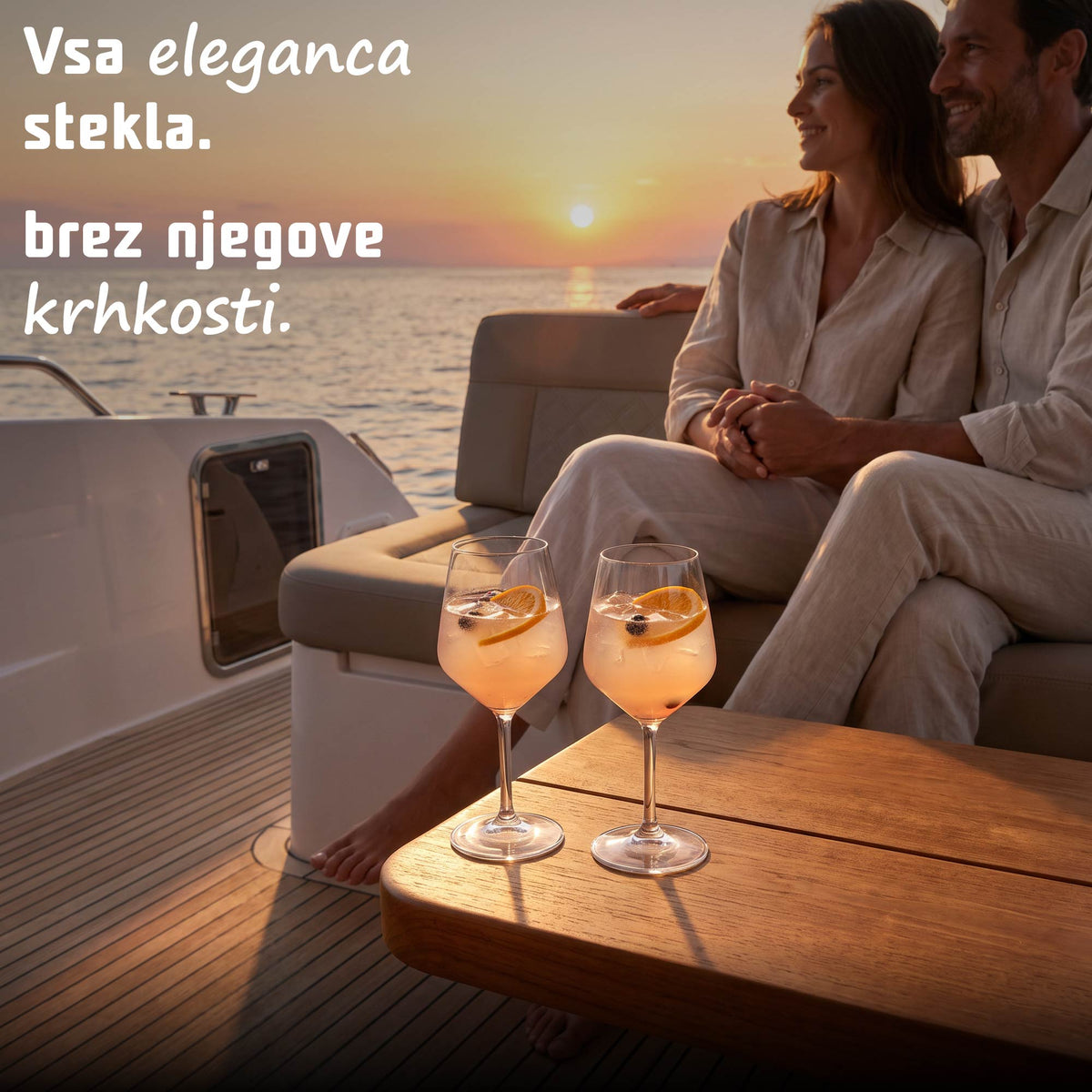 Transparentna Tritan kozarca za vino na jahti ob sončnem zahodu